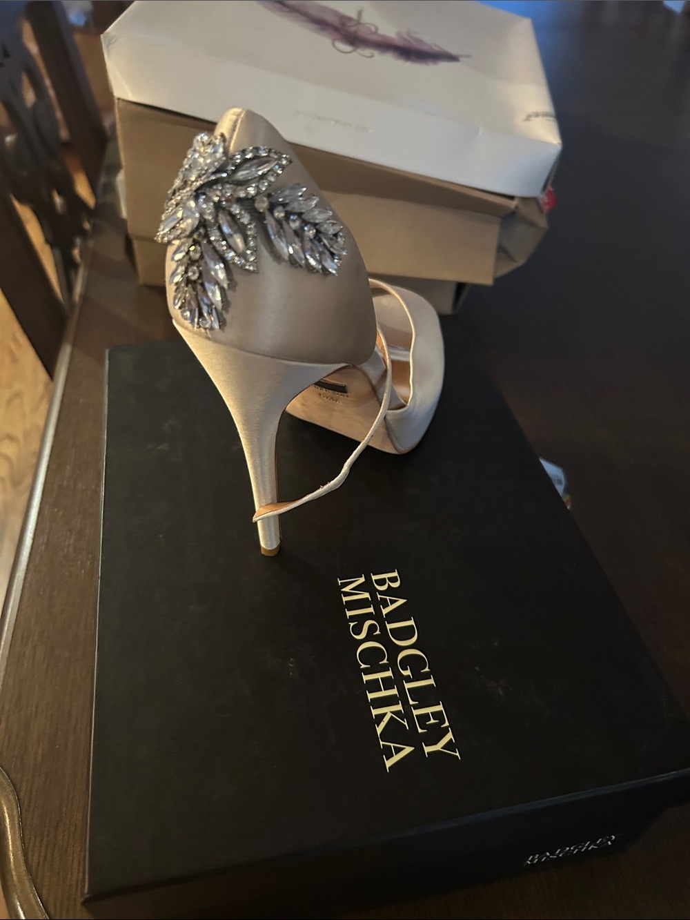 Badgley Mischka Satin Crystal-Embellished Heels in Ivory